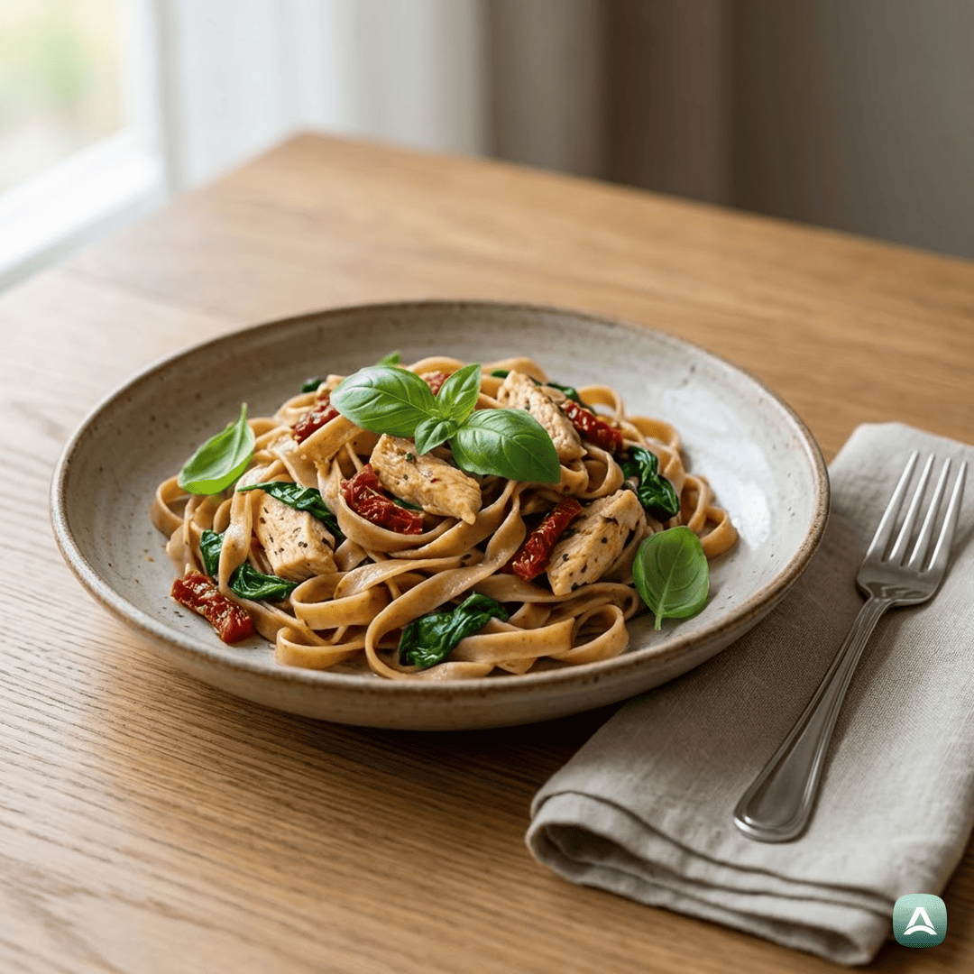 SI_Recipes_PolnozrnatiŠirokiRezanciSPiščancem,SušenimiParadižnikiInSvežoŠpinačo_1