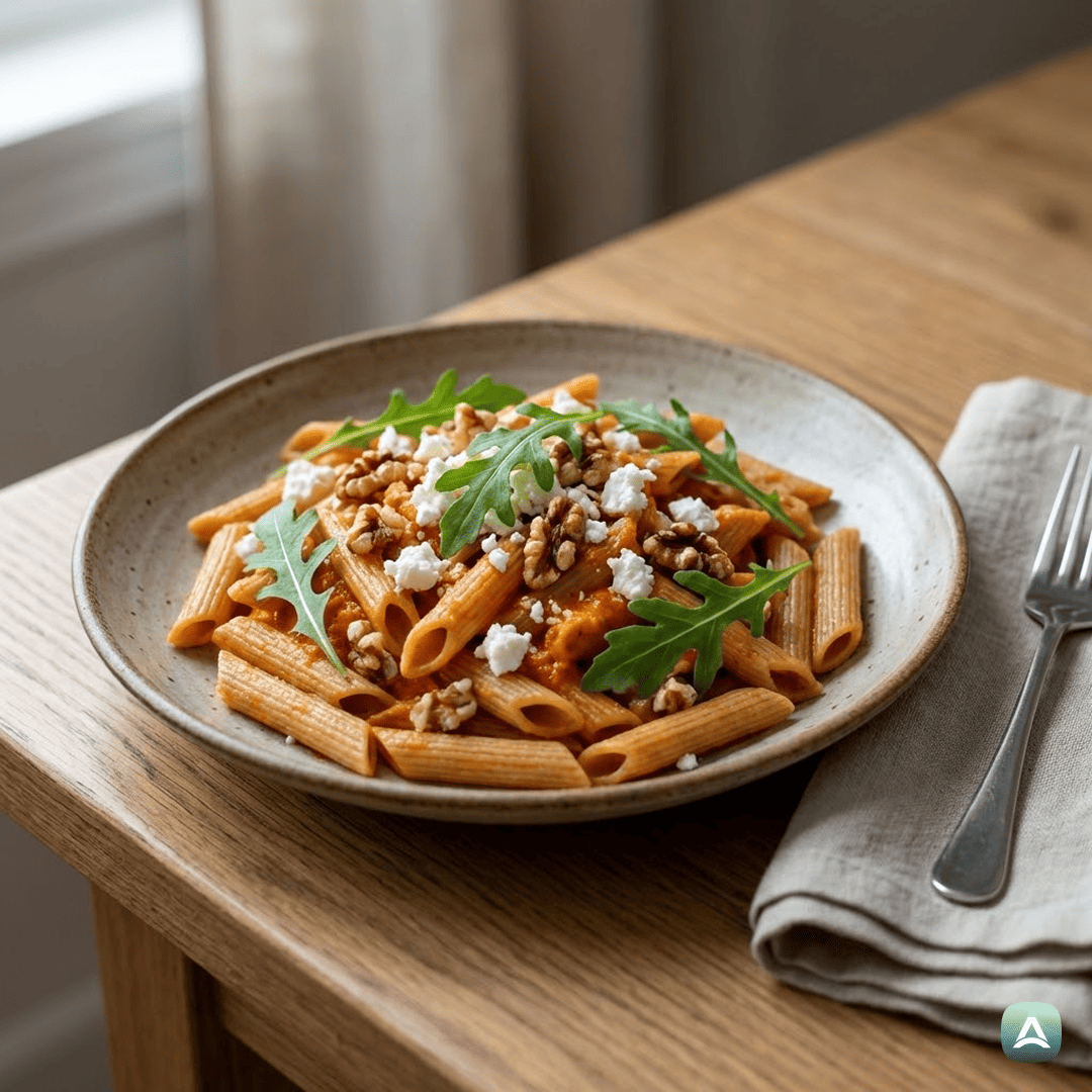 SI_Recipes_PolnozrnateTestenineSKremoIzPečenePaprike,HrustljavimiOrehiInKozjimSirom_1