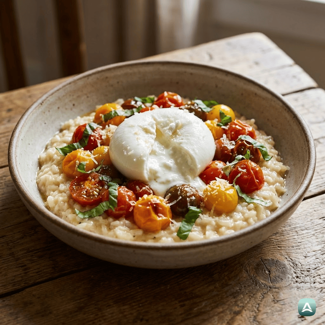 SI_Recipes_KremnaRižotaSPečenimiČešnjevimiParadižniki,SvežoBazilikoInBurato_1