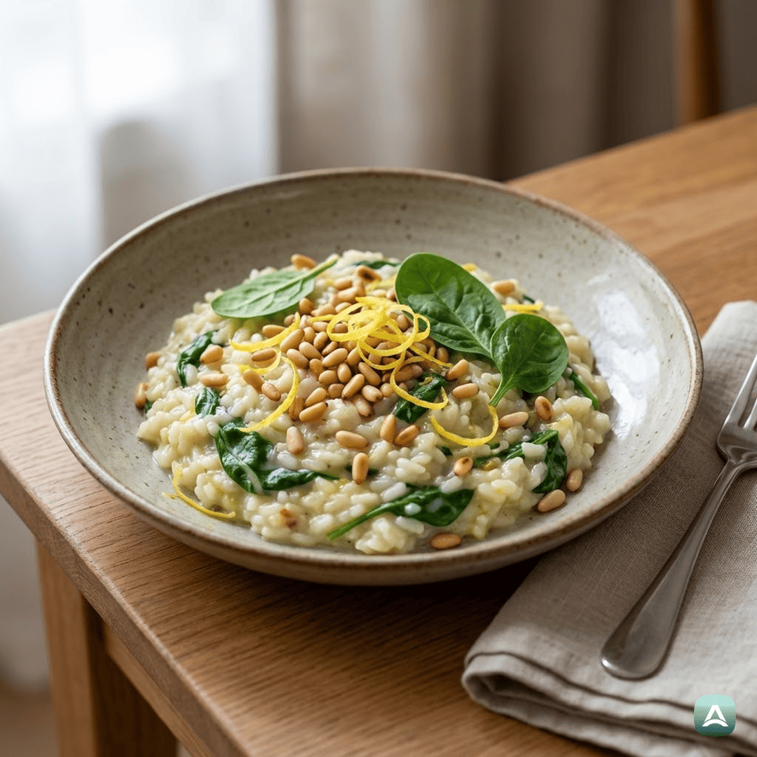 SI_Recipes_PopolnaKremnaRižotaSŠpinačo,PraženimiPinjolamiInLimoninoLupinico_1