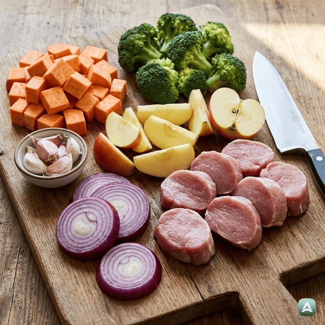 SI_Recipes_SočniSvinjskiMedaljoniSPečenimSladkimKrompirjem,BrokolijemInJabolki_3