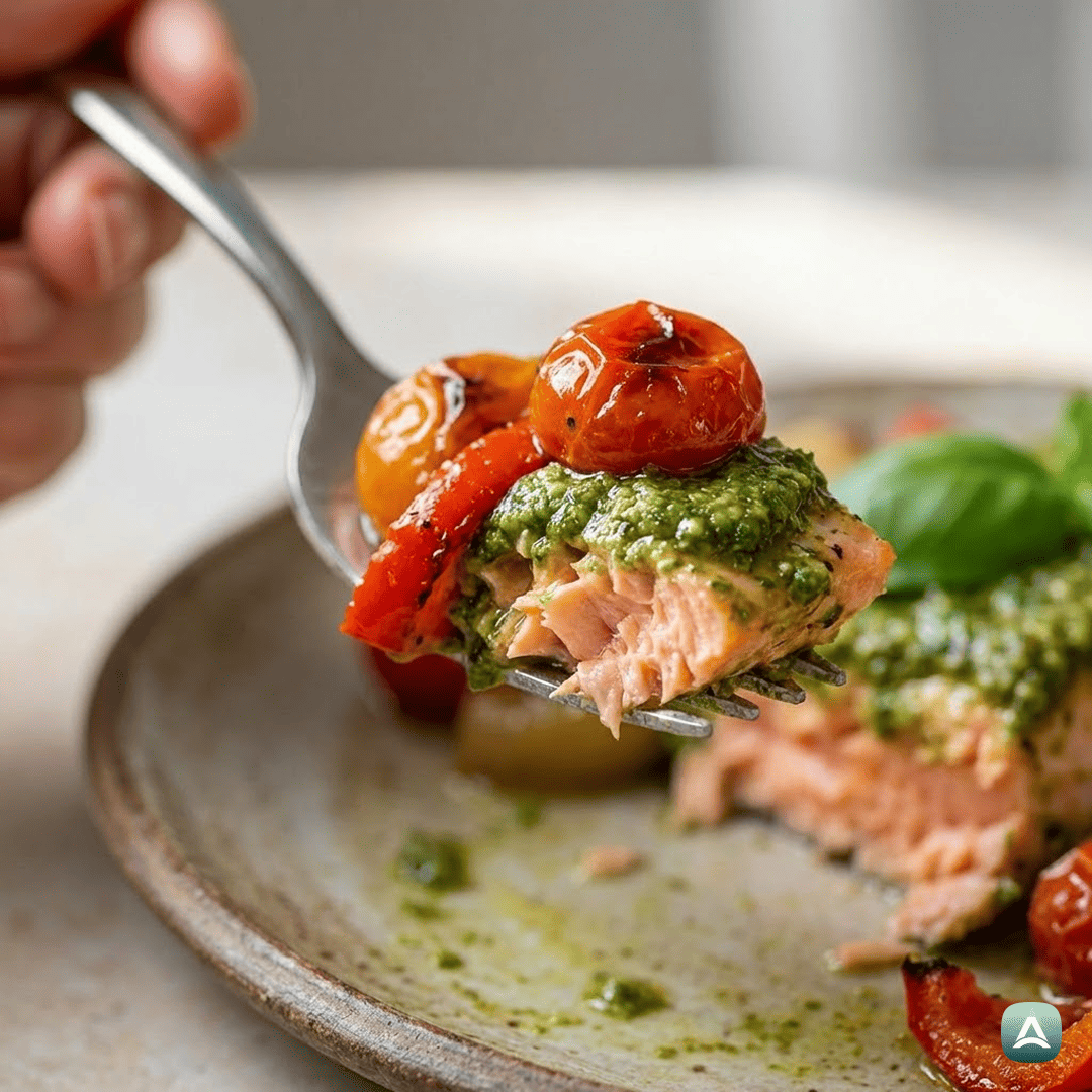 SI_Recipes_SočenPečenLososSPestomInMavričnoPraženoZelenjavo_2