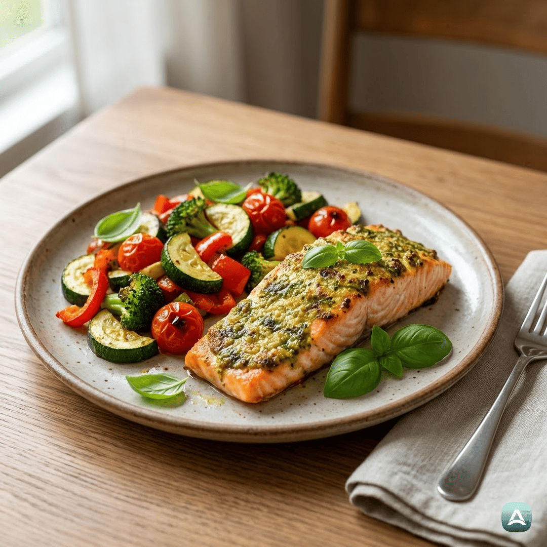 SI_Recipes_SočenPečenLososSPestomInMavričnoPraženoZelenjavo_1