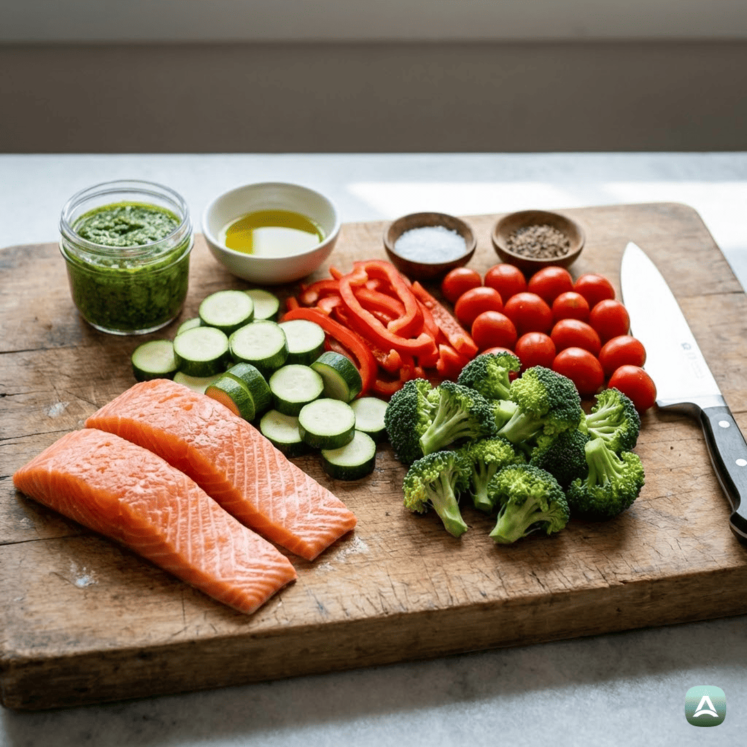 SI_Recipes_SočenPečenLososSPestomInMavričnoPraženoZelenjavo_3