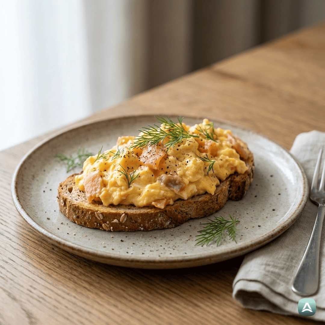 SI_Recipes_KremnaUmešanaJajcaSPrekajenimLososomInSvežimKoprom_1