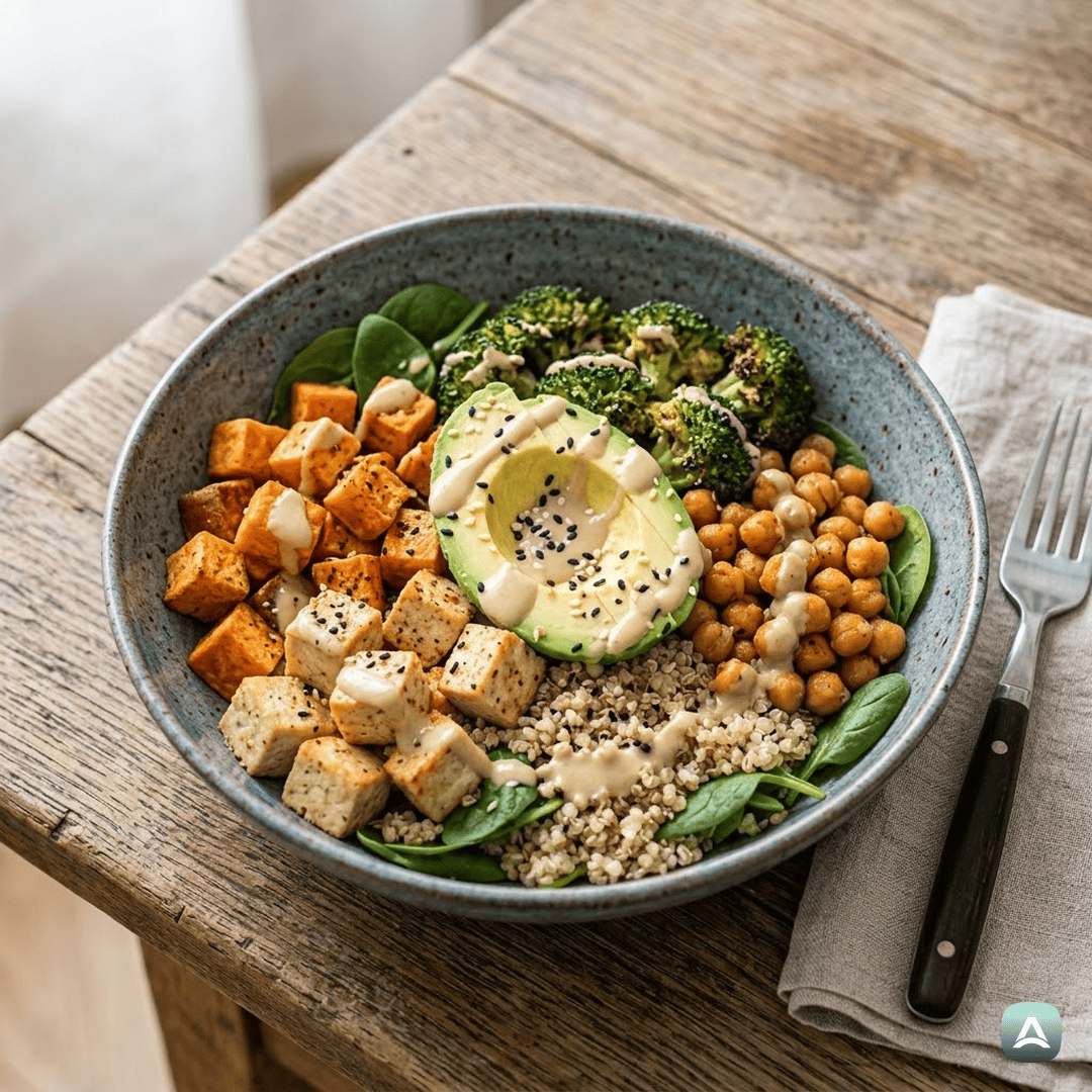 SI_Recipes_ProteinskaBudinaSkledaSHrustljavimTofujem,ČičerikoInPečenimSladkimKrompirjem_1