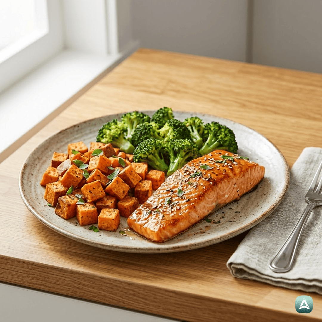 SI_Recipes_PečenLososSHrustljavimSladkimKrompirjemInBrokolijemIzEnegaPekača_1