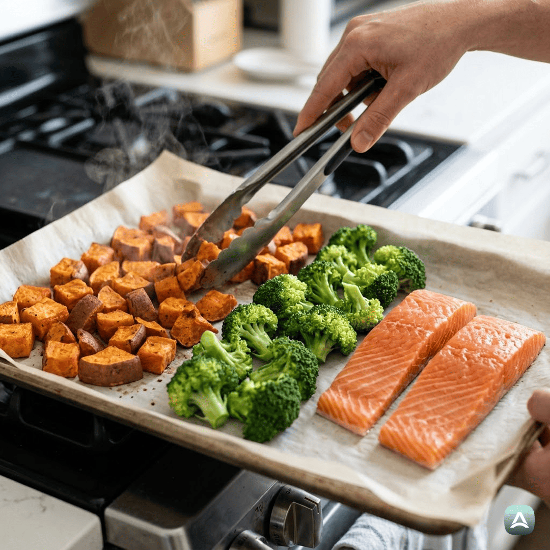 SI_Recipes_PečenLososSHrustljavimSladkimKrompirjemInBrokolijemIzEnegaPekača_5