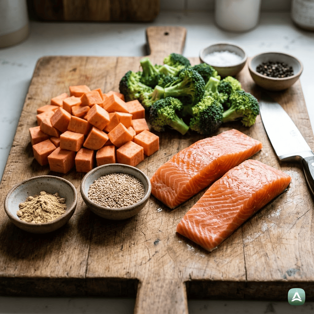 SI_Recipes_PečenLososSHrustljavimSladkimKrompirjemInBrokolijemIzEnegaPekača_3