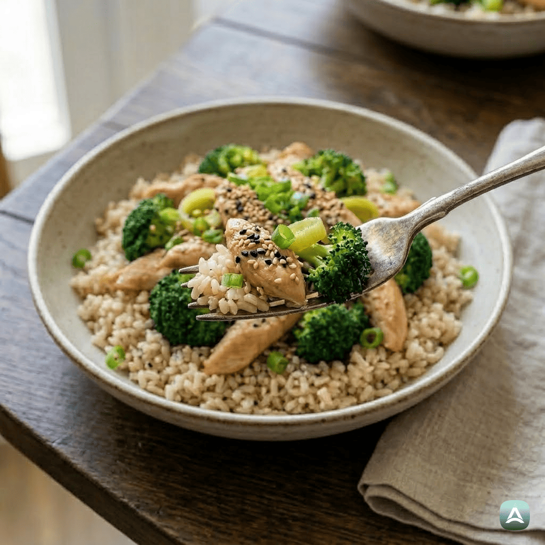 SI_Recipes_MariniranPiščanecVSojiniOmakiZBrokolijem,PoromInRjavimRižem_2