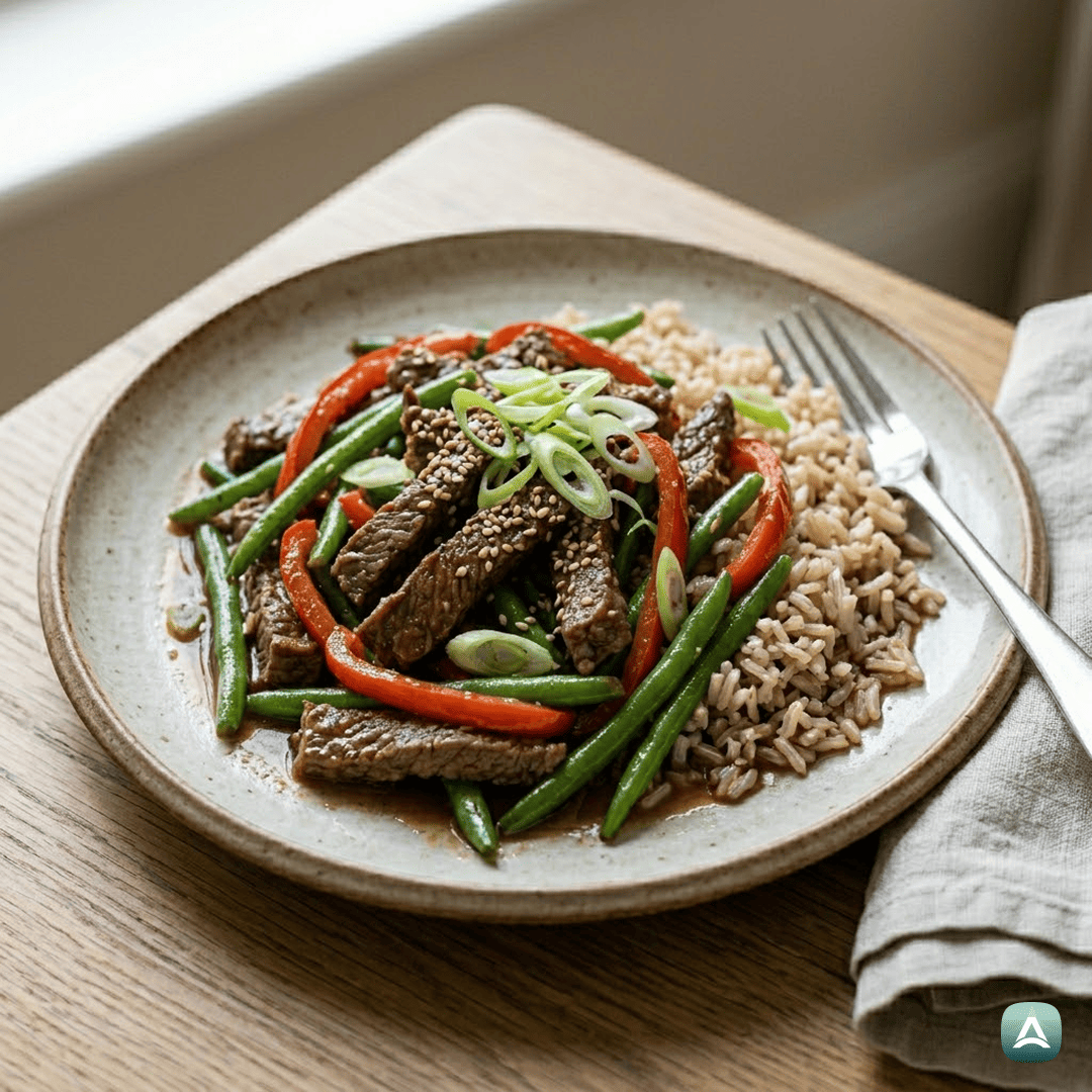 SI_Recipes_SočnoGovejeStegnoSHrustljavimStročjimFižolomInIntegralnimRižem_1