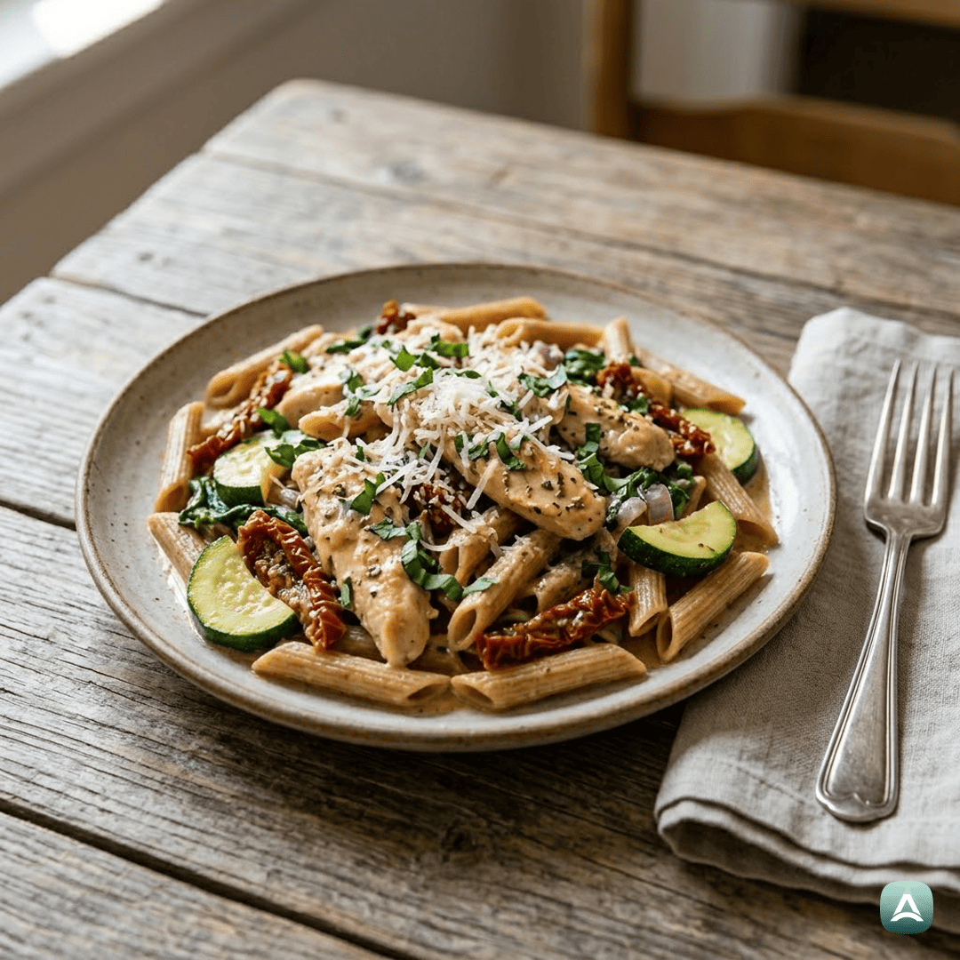 SI_Recipes_ZdravToskanskiPiščanecSPolnozrnatimiPeresniki,BučkamiInSušenimiParadižniki_1