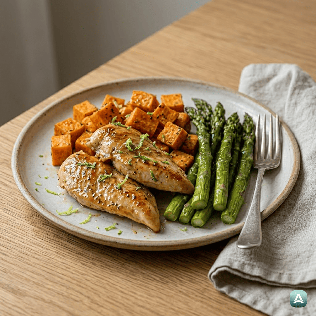 SI_Recipes_SočenPiščančjiFileSPečenimSladkimKrompirjemInŠparglji_1