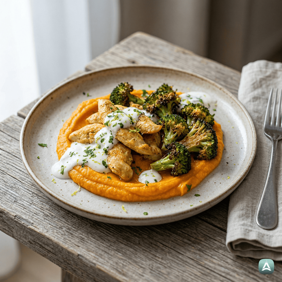 SI_Recipes_SočenPiščanecNaPirejuSladkegaKrompirjaSHrustljavimBrokolijem_1