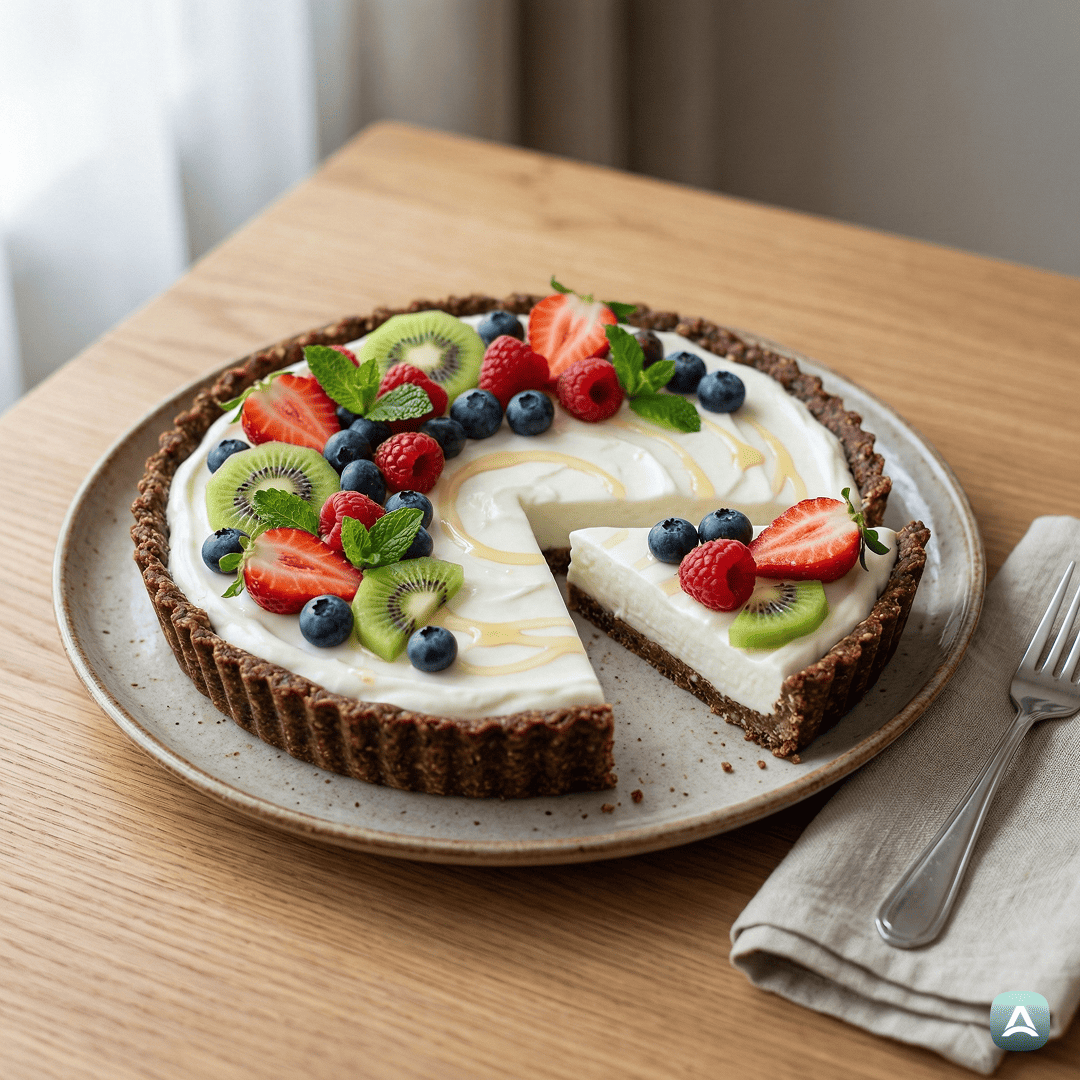 SI_Recipes_BeljakovinskaPitaZGrškimJogurtomInSadjemBrezPeke_1