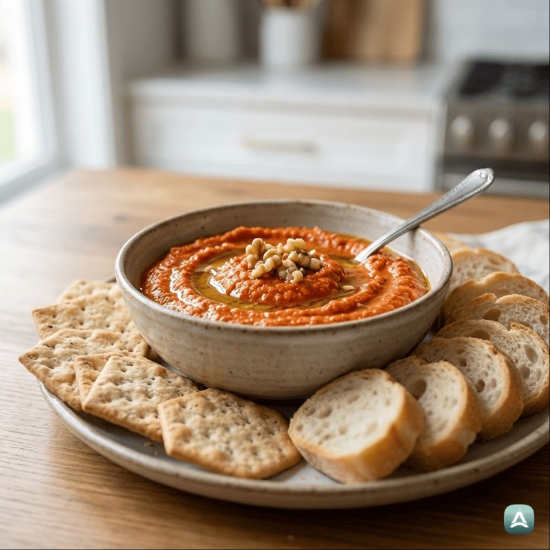 Hausgemachter Aufstrich aus gerösteter roter Paprika mit Walnüssen