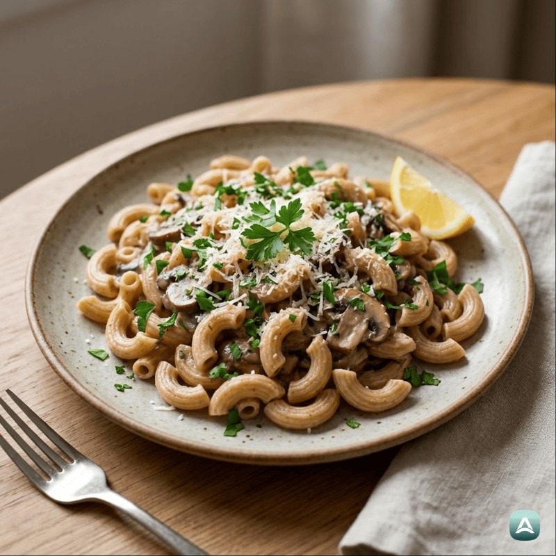 Vollkornmakkaroni mit Pilzsauce und frischer Petersilie