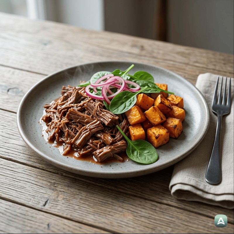 Langsam gegartes Pulled Beef mit knusprigen Süßkartoffeln