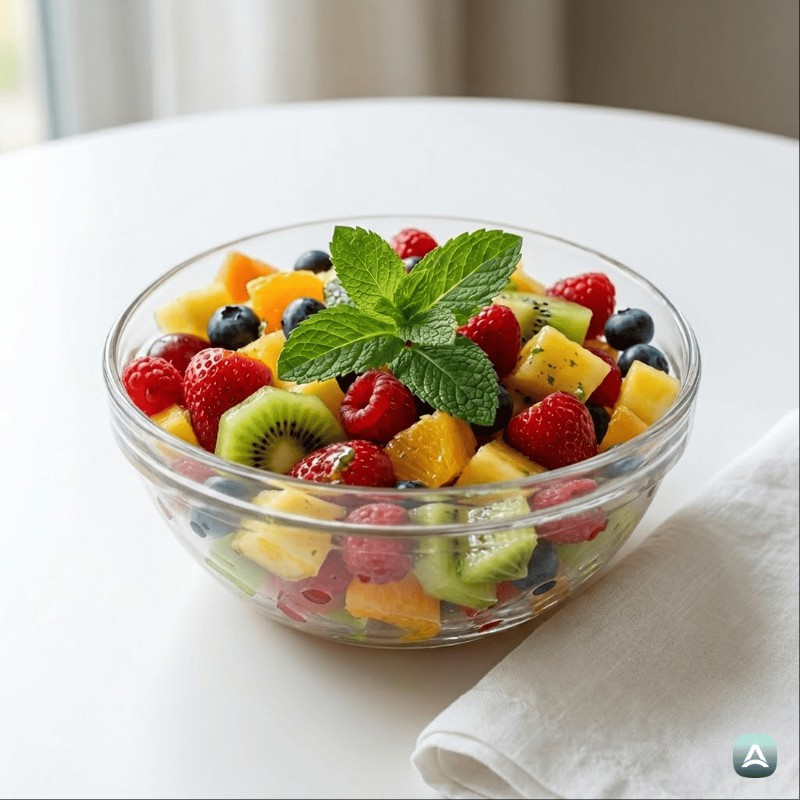 Bunte Fruchtschale mit Limettendressing und frischer Minze