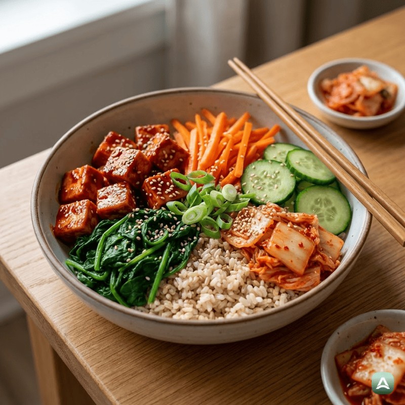 Koreanische Reisschale mit knusprigem Tofu und Gemüse