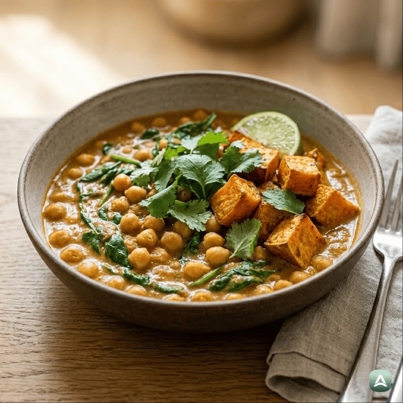 Cremiges Curry mit Kichererbsen und knusprig gebackenen Süßkartoffeln