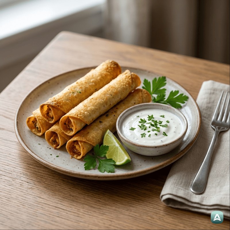 Knusprige gebackene Hähnchen-Taquitos mit Joghurt-Limetten-Dip
