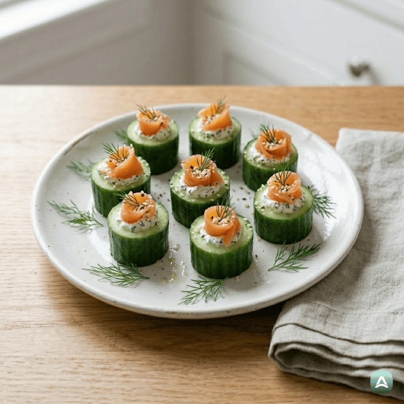 Erfrischende Gurkenscheiben mit Kräuter-Frischkäseaufstrich und geräuchertem Lachs