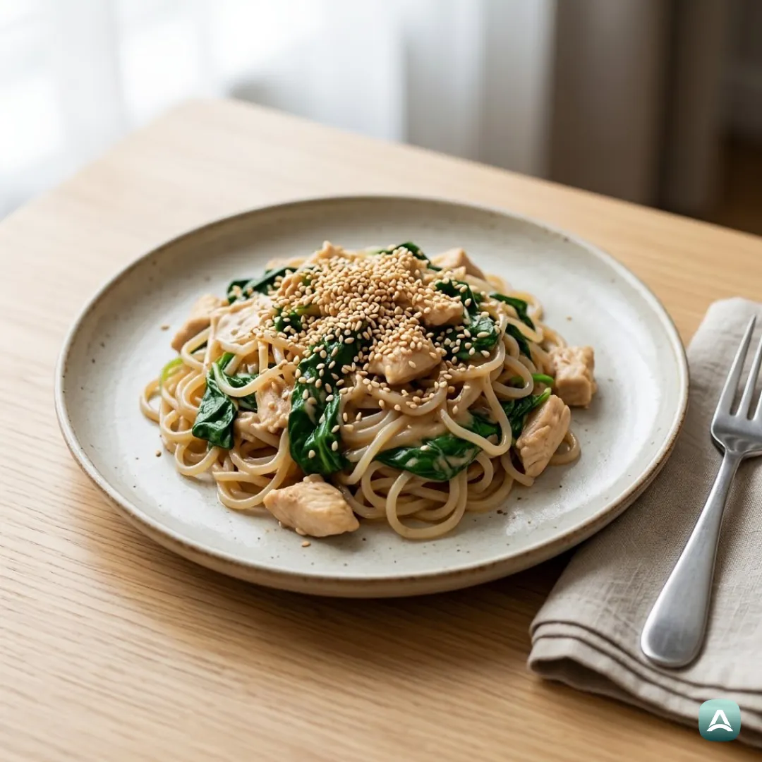 Asiatische Konjak-Nudeln mit Hähnchen, Spinat und cremigem Tahini