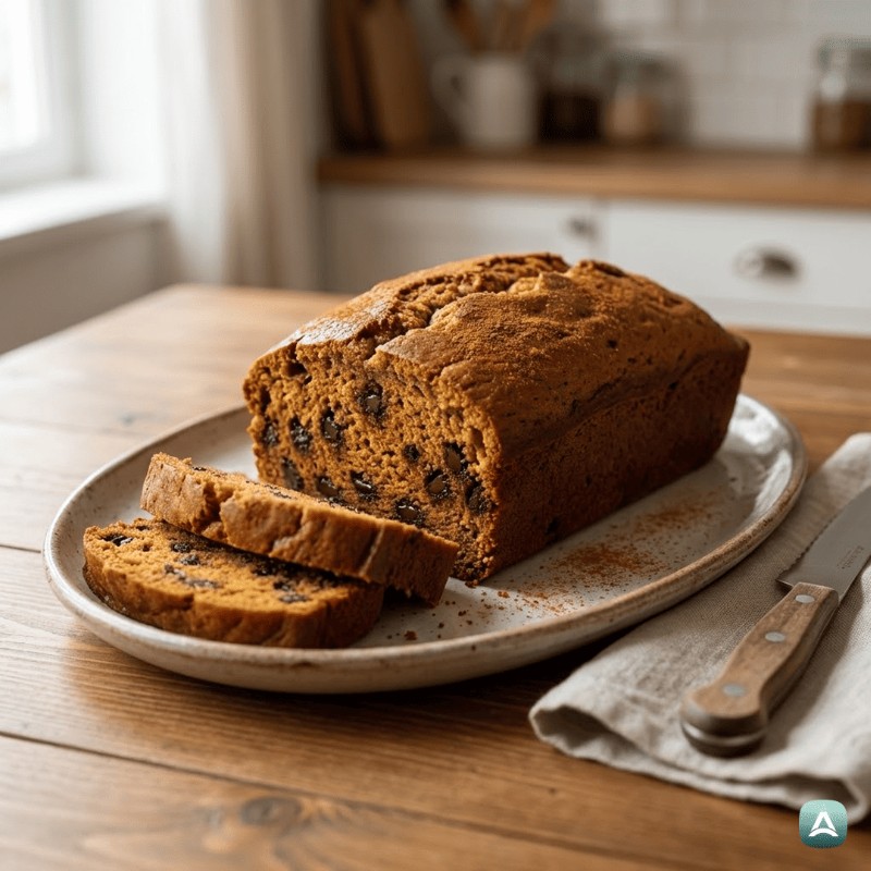 Saftiges würziges Kürbisbrot mit dunkler Schokolade und Herbstgewürzen