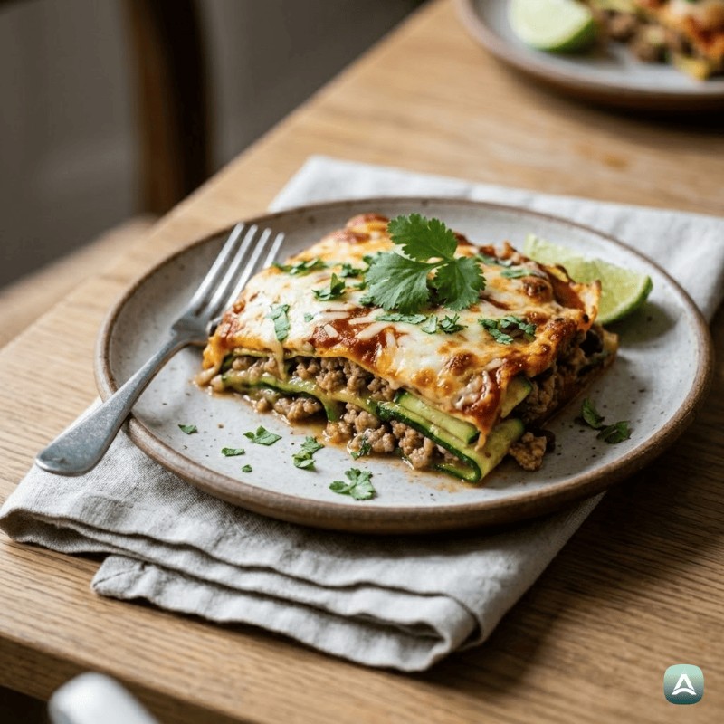 Überbackene Puten-Enchilada mit Zucchini und schwarzen Bohnen