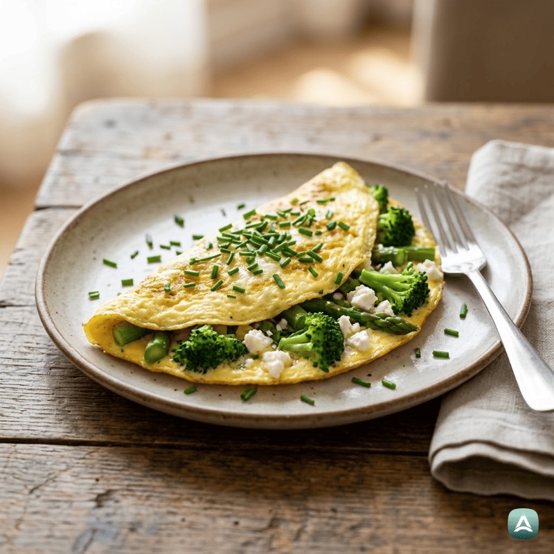 Perfektes Frühlingsomelett mit Brokkoli, Spargel und Feta