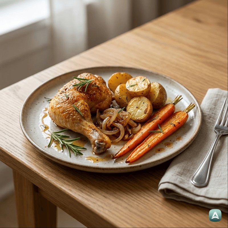 Knusprige Hähnchenschenkel mit Frühkartoffeln, Karotten und Rosmarin