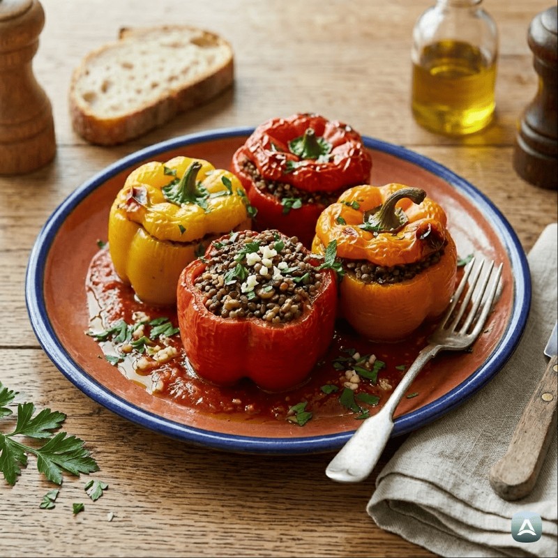 Reichhaltig gefüllte vegane Paprika mit Quinoa und braunen Linsen