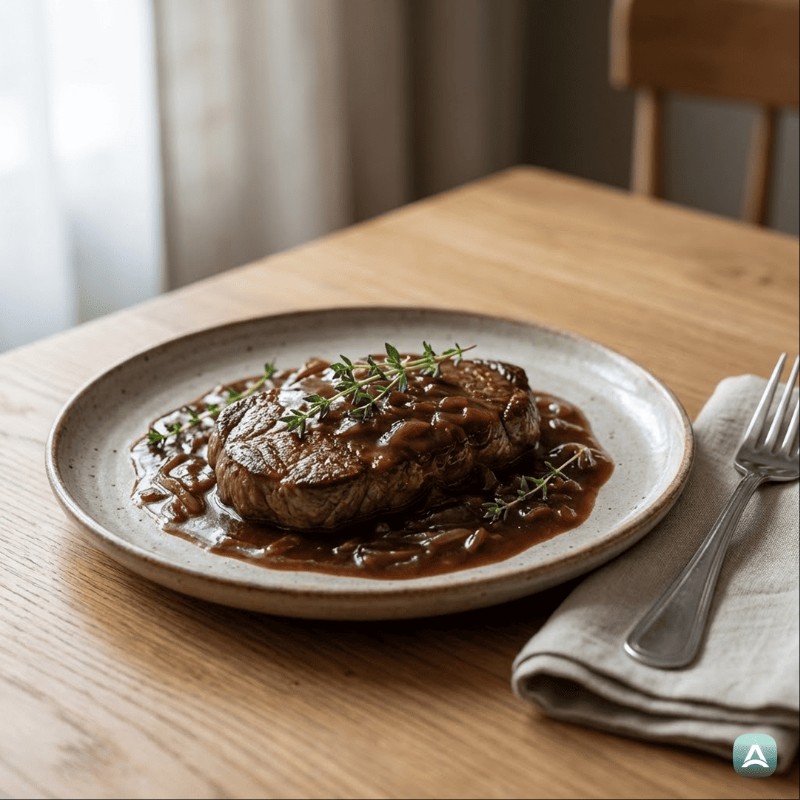 Rindersteaks in reichhaltiger Zwiebelsoße