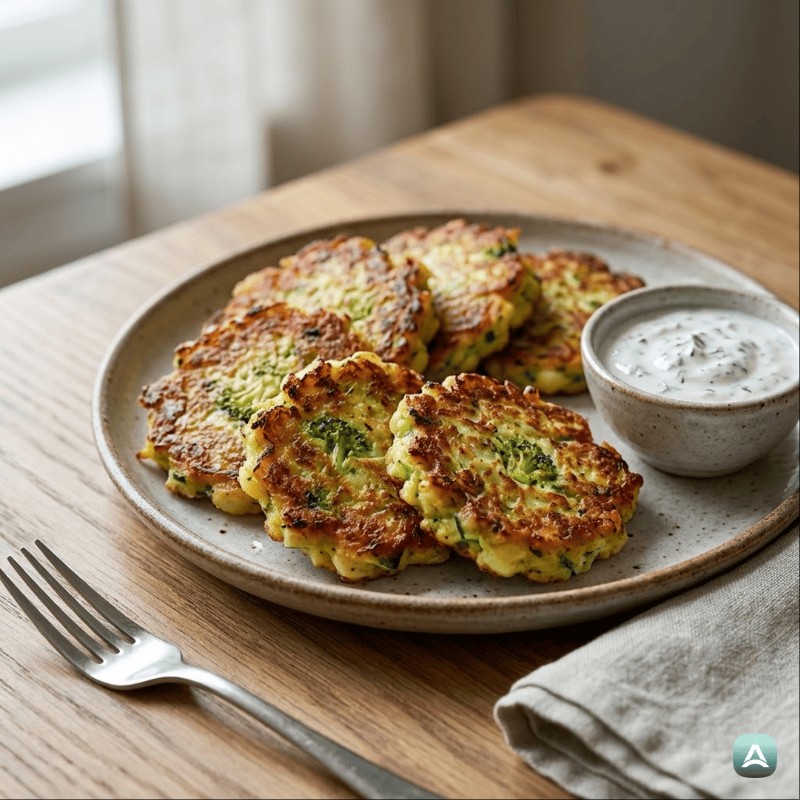 Knusprige Zucchini-Frikadellen mit Kartoffeln und Brokkoli
