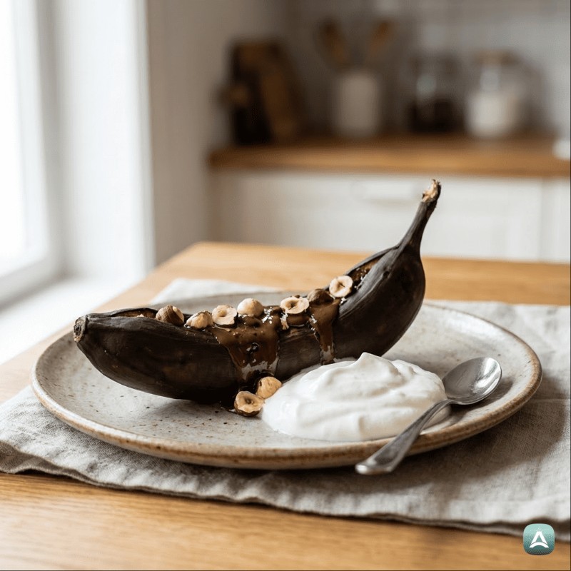 Gebackene gefüllte Bananen mit dunkler Schokolade und knusprigen Haselnüssen