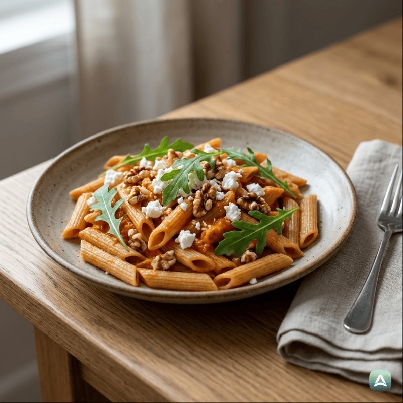 Vollkorn-Pasta mit Creme aus gebackener Paprika, knusprigen Walnüssen und Ziegenkäse