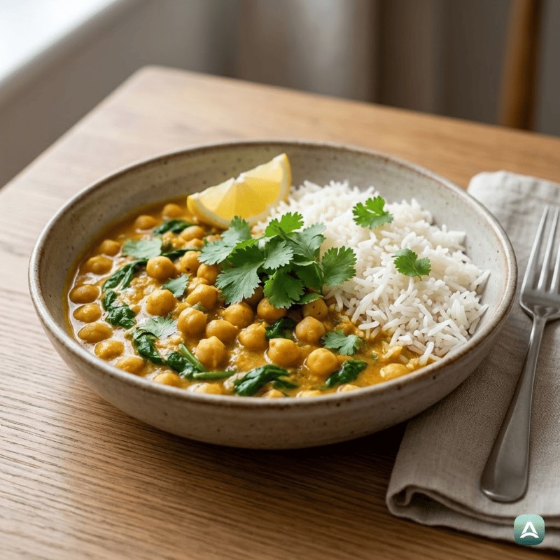 Cremiges Kichererbsen-Curry mit Kokosmilch und Baby-Spinat