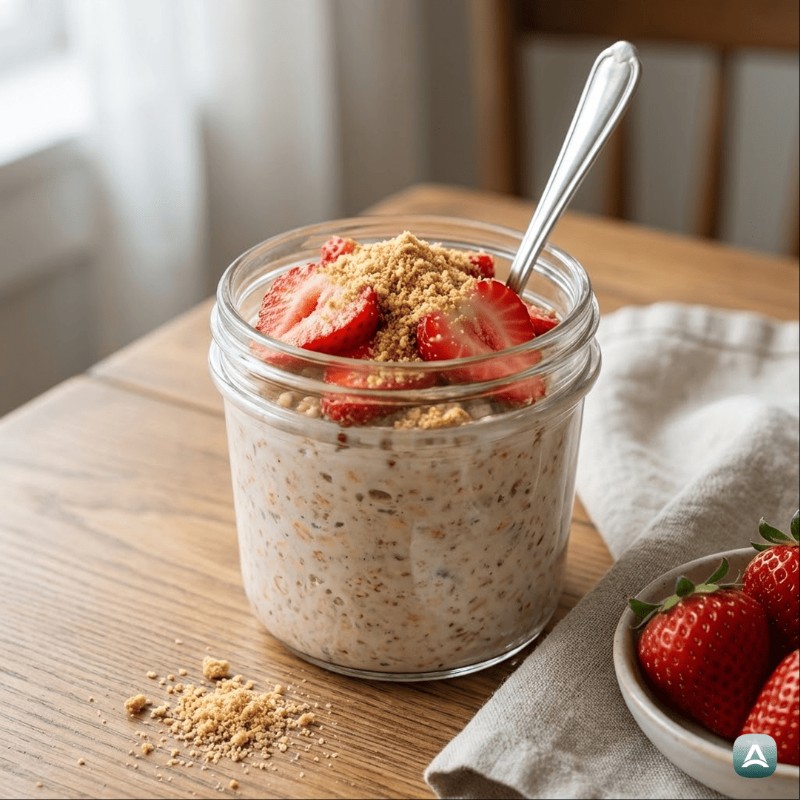 Cremiges 'Erdbeer-Cheesecake' Overnight Oats mit Erdbeeren und Chiasamen