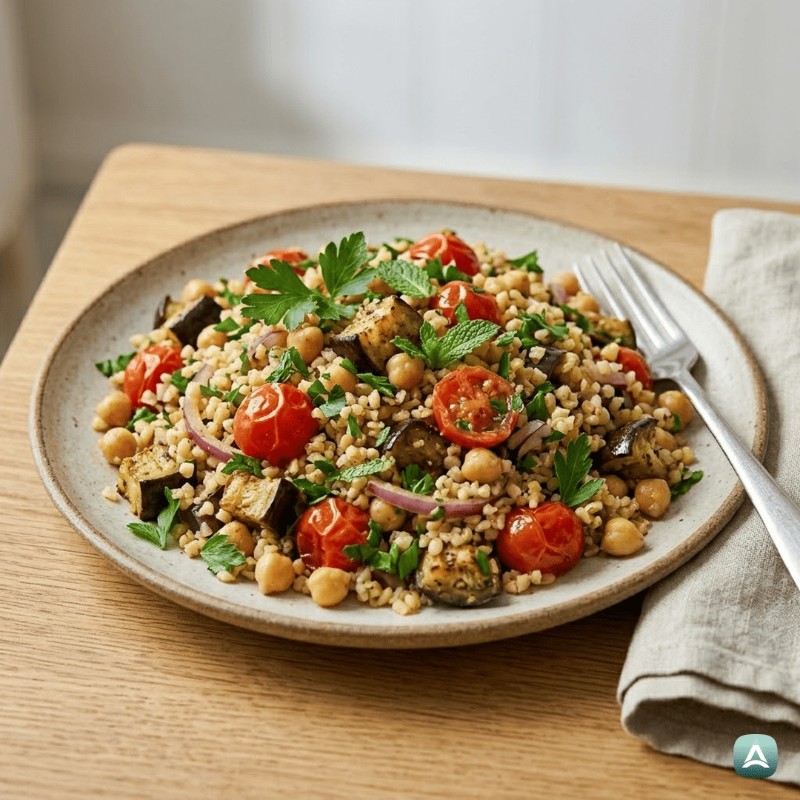 Mediteranska bulgur solata s pečenimi jajčevci, paradižnikom in čičeriko