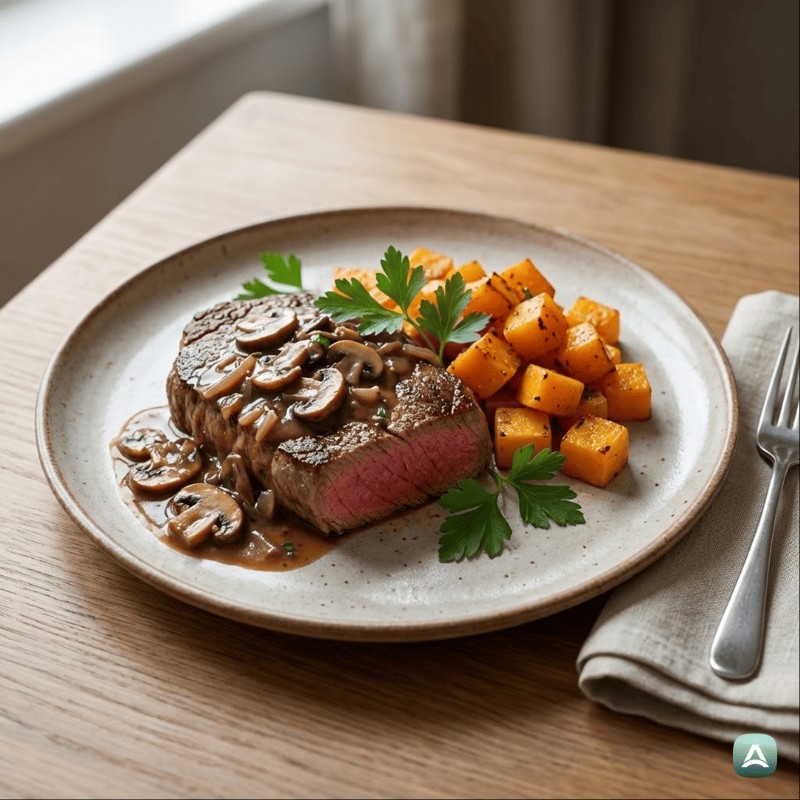 Rindersteaks mit wilden Steinpilzen und gebratenem Butterkürbis