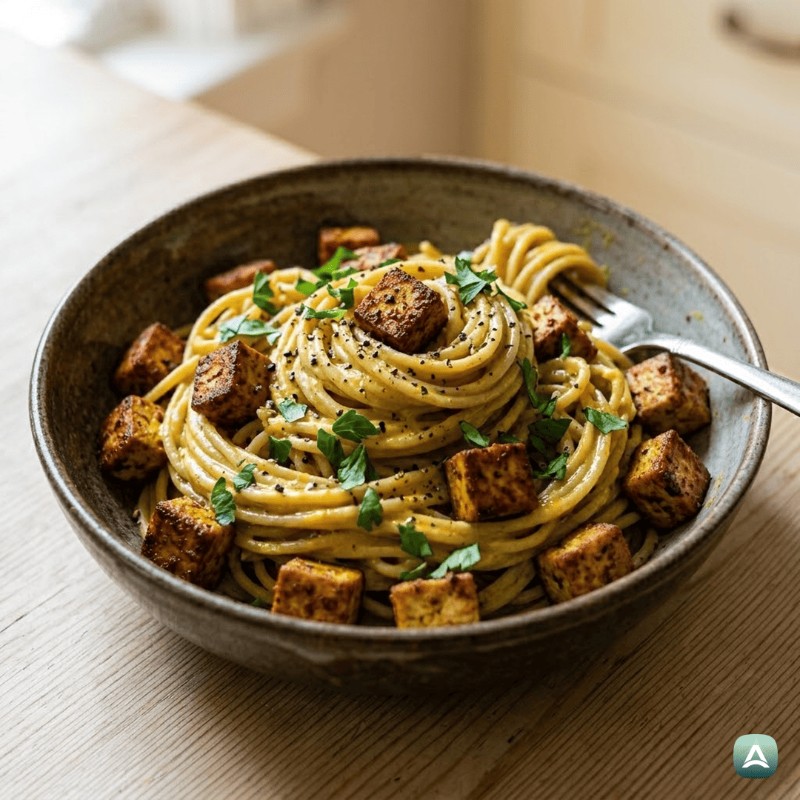 Cremige vegane Carbonara mit geräuchertem Tofu und Cashewkernen