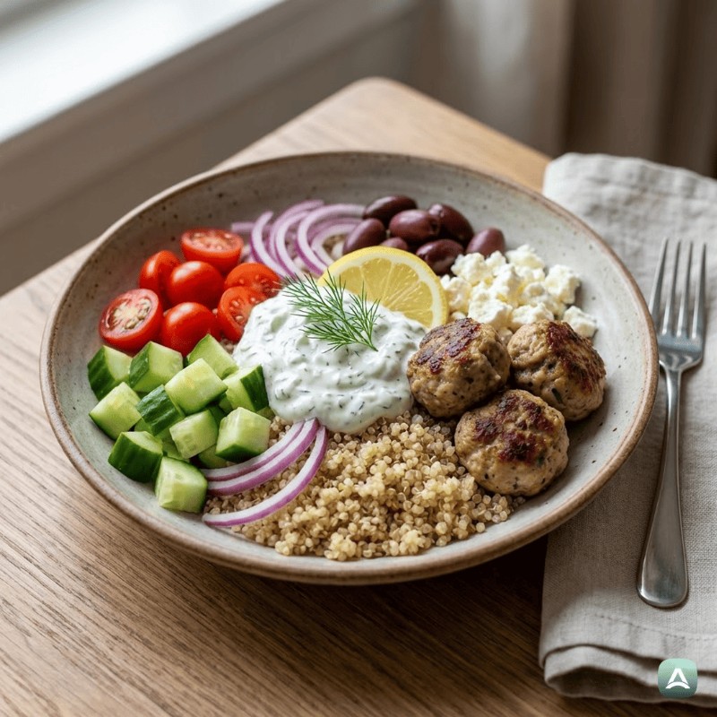 Mediterrane Schale mit Puten-Gyros-Bällchen, Quinoa und hausgemachtem Tzatziki