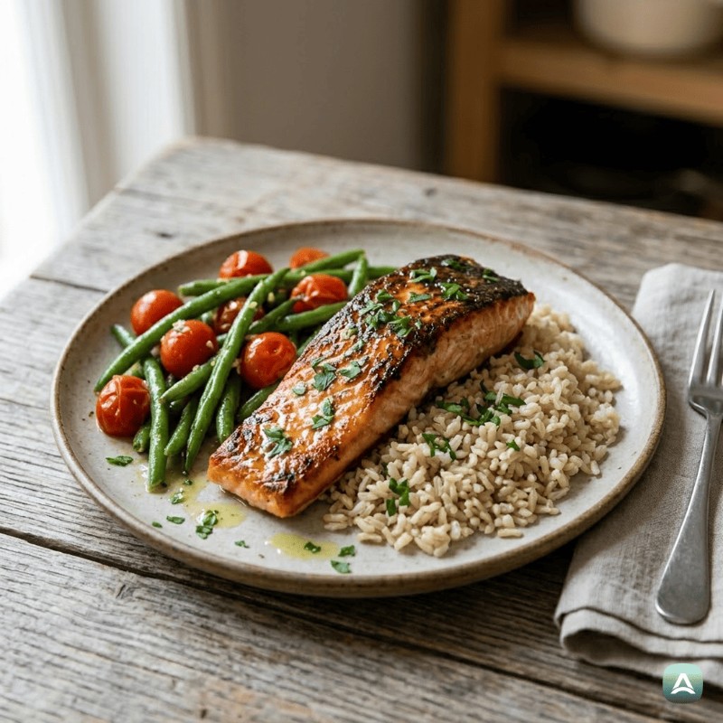 Gebratener Lachs mit grünen Bohnen und Vollkornreis