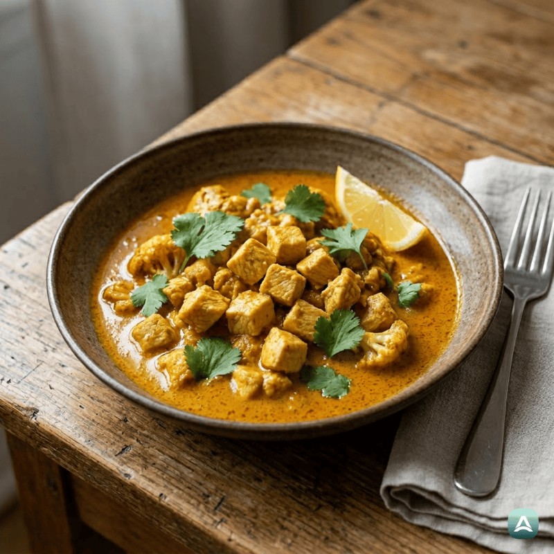 Piščančji curry s pečeno cvetačo in kokosovim mlekom