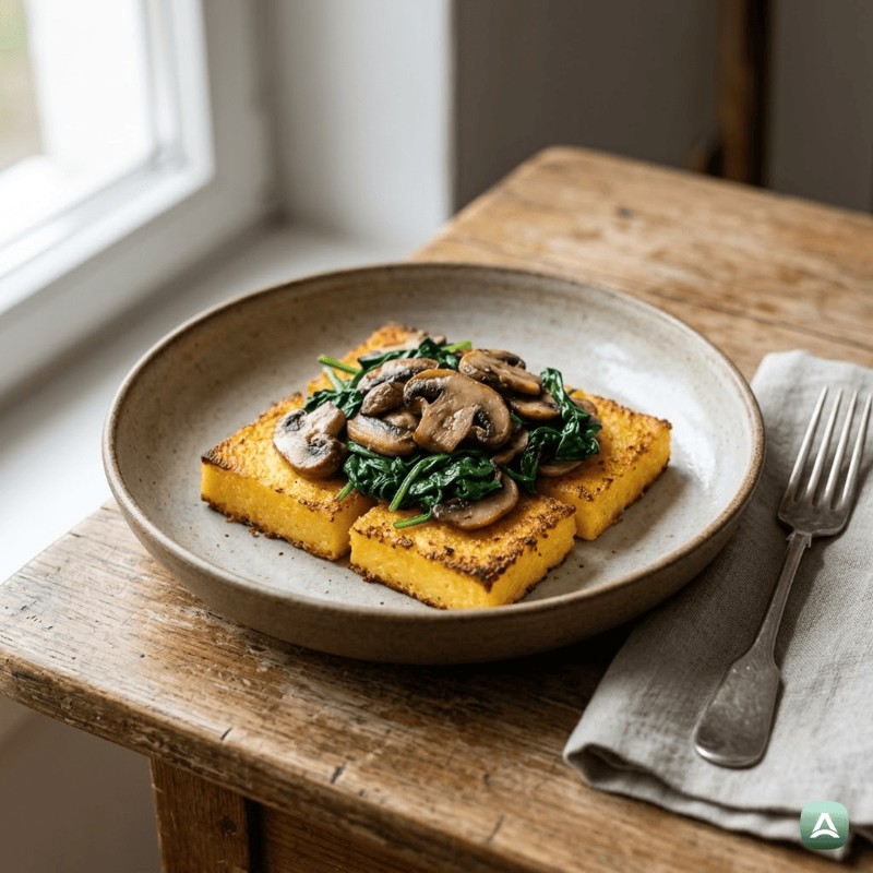 Knusprig gebackene Polenta mit Pilzen und Spinat