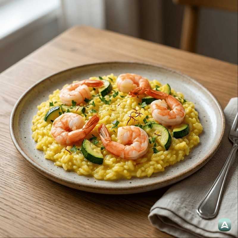 Goldenes Risotto mit Garnelen, jungen Zucchini und Safran