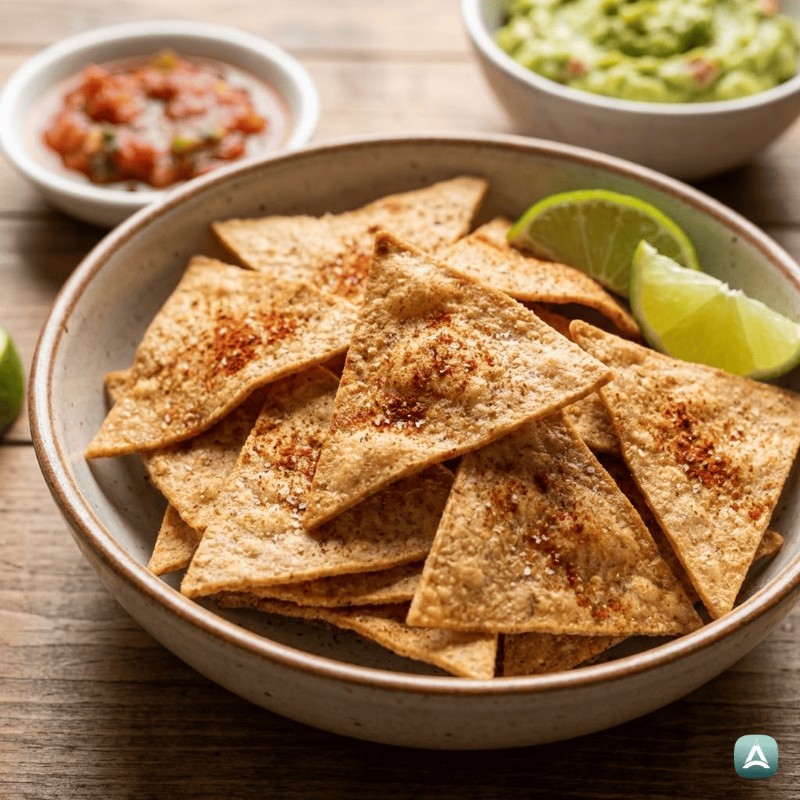 Hausgemachte knusprige Tortilla-Chips aus dem Backofen mit Limette und geräuchertem Paprika