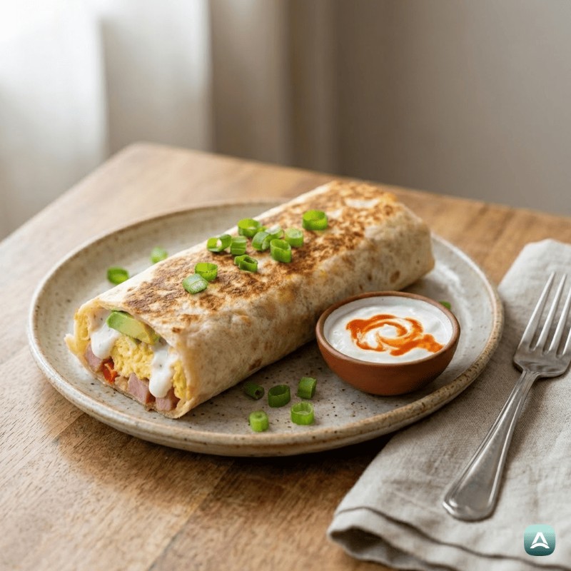 Knusprig gebackene Tortilla mit Eiern und Avocado