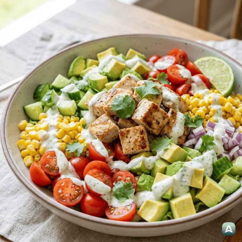 Erfrischende Hühnchen-Bowl mit Avocado, Mais und Limettendressing
